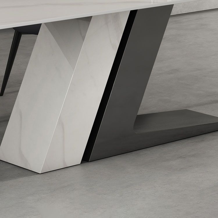 Modern Style Sintered Stone Dining Set with White Rectangle Shape Table and Double Pedestal Base