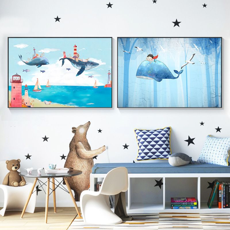 Fantasy Flying Whales Adventure Canvas Kids Style Textured Wall Art in Pastel Blue