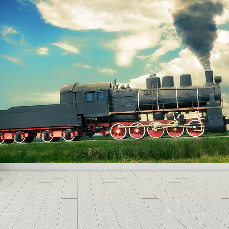 Non-Woven Texture Decorative Mural Decal Steampunk Onrushing Train Wall Covering