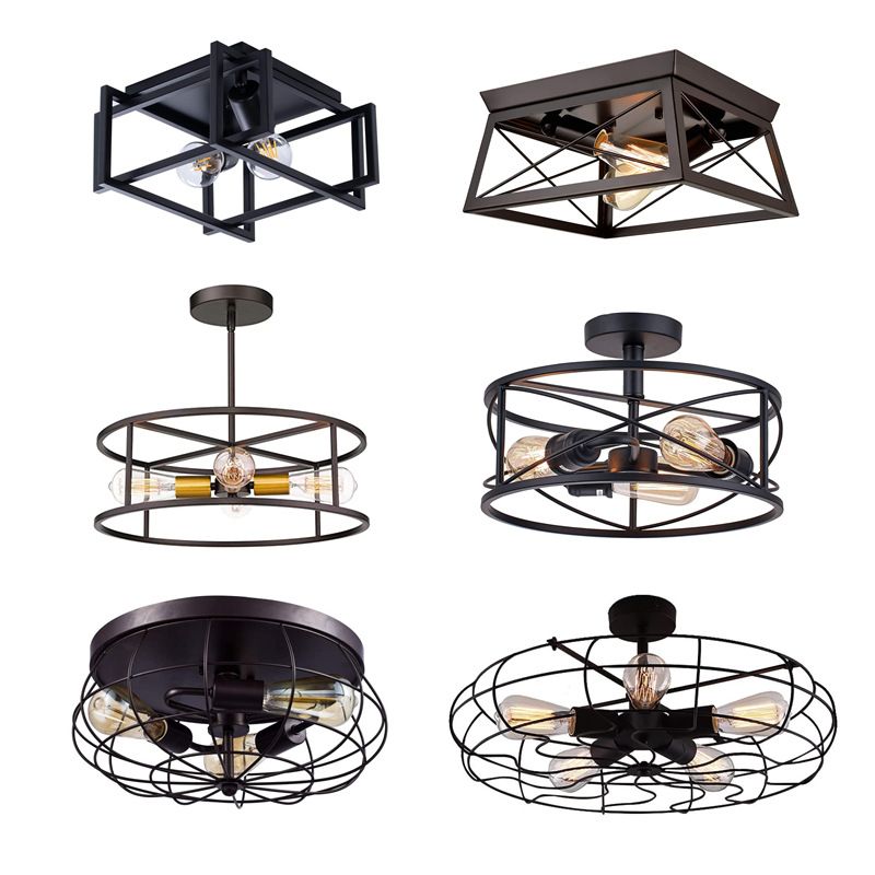 Metal Cage Flush Monte Light Fixture Industrial Retro Dining Room Semi Flush Light