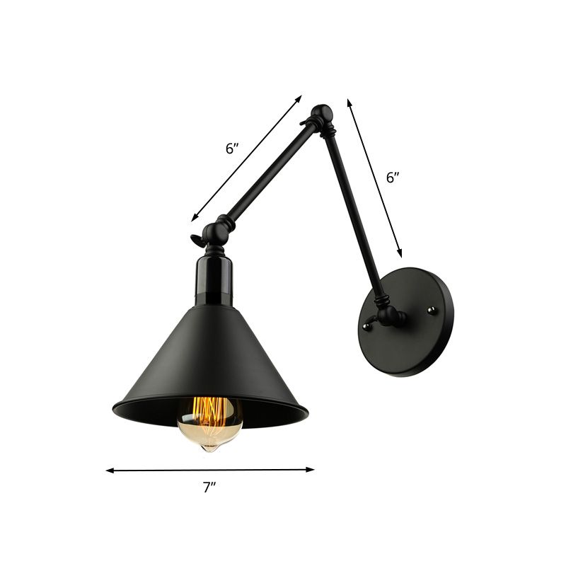 1 Kopfwandlampe mit konischer Schatten und Schwung Arm Metallic Loft Style Innenleuchte in Schwarz/Weiß