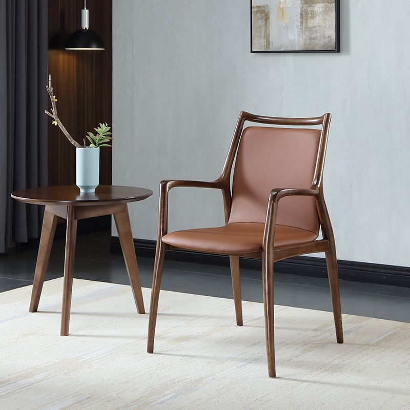 Nordic Style Leather Brown Arm Dining Chair in Solid Wood for Home