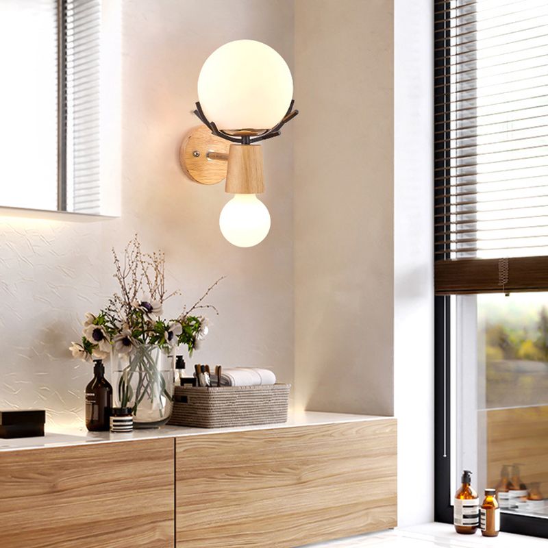 Wooden Wall Lamp in Modern Minimalist Style White Glass Wall Sconce with Antler Decoration