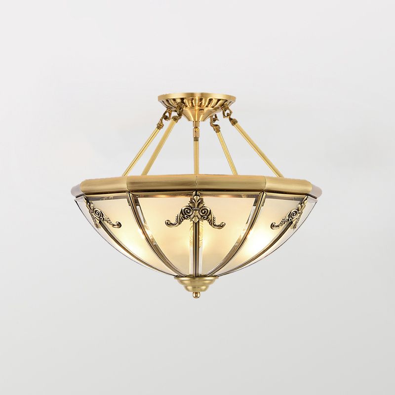 Bowl Shaped Frost Glass Flush Mount Lighting Classic Bedroom Semi Flush Chandelier in Gold