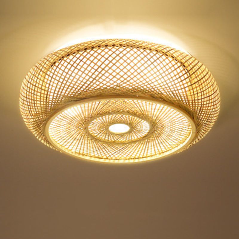 Lámpara de techo de montaje empotrado con forma de tambor redondo chino, iluminación de montaje empotrado de bambú Beige para dormitorio