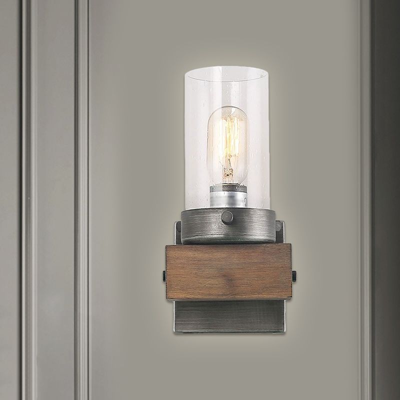 Countryside Cylindrical Wall Sconce Light 1/2-Light Clear Glass Wall Mount Lamp Fixture in Brown