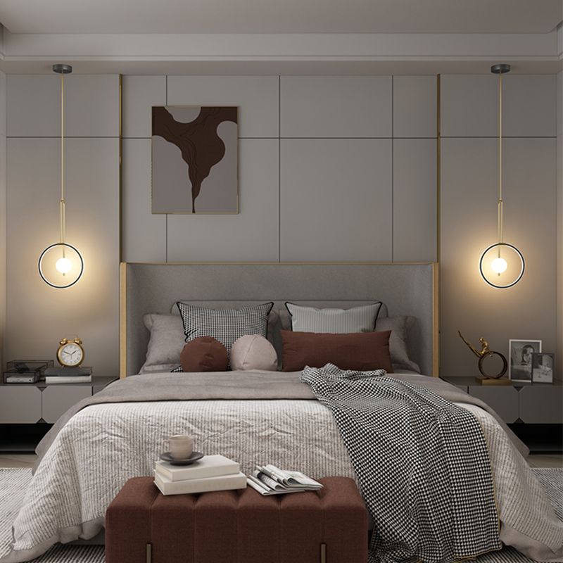 Circular LED Hanging Light Fixture Minimalism Metal Black-Gold Drop Pendant for Bedroom