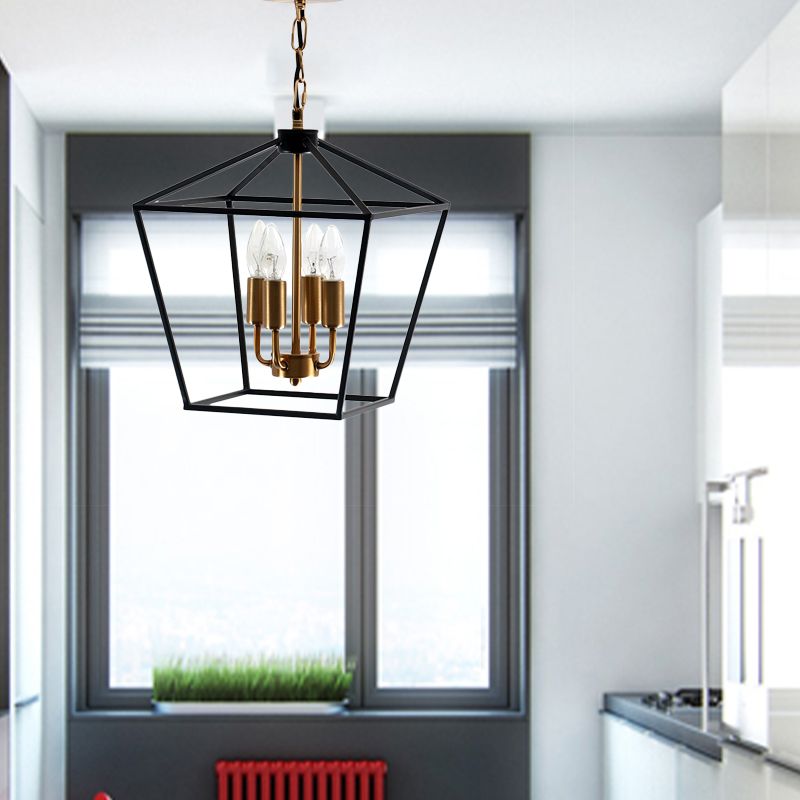 4-Light Indoor Hanging Chandelier Lamp Industrial Style Black Pendant Light with Wire Cage Metal Shade