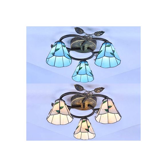 Geometric Ceiling Light Fixture with Pattern Tiffany Stained Glass 3 Lights Flushmount Ceiling Light in Bronze