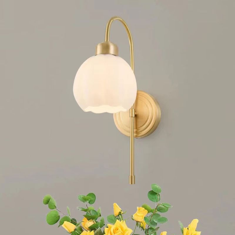 Modern Metal Wall Sconce Bud Shape Wall Light with Glass Shade for Bedroom in Gold