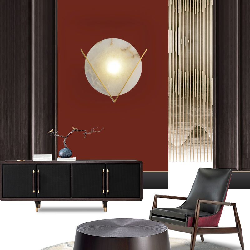 Gold LED Flush Wall Sconce Colonialism Marble Round Wall Light Fixture for Bedroom