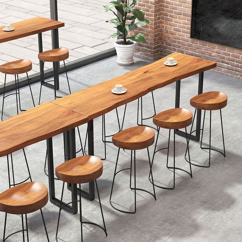 Modern Bar-height Table Solid Wood Top Pub Table with Black Metal Base