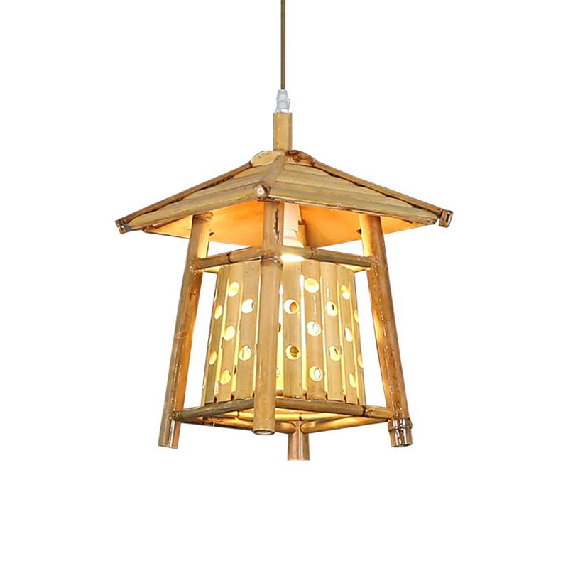 Japanese Pavilion Pendant Lighting Bamboo 1-Light Tea Room Hanging Ceiling Light in Wood