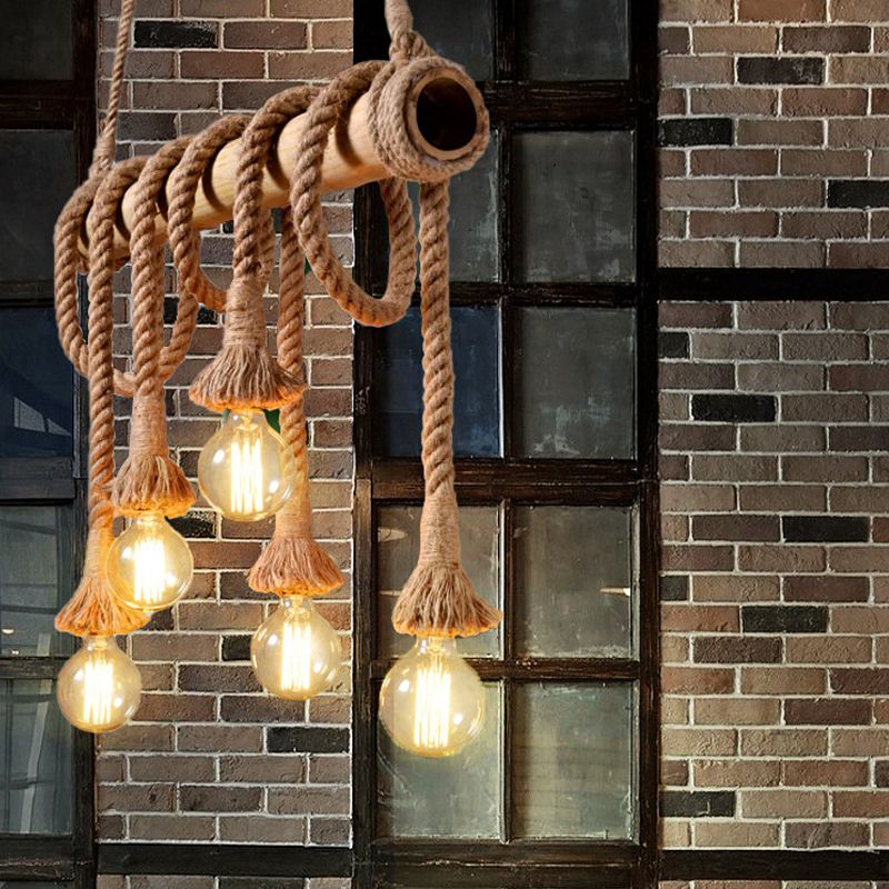 3/4 Lights Open Bulb Island Light Lodge Industrial Beige Adjustable Rope Ceiling Light with Bamboo