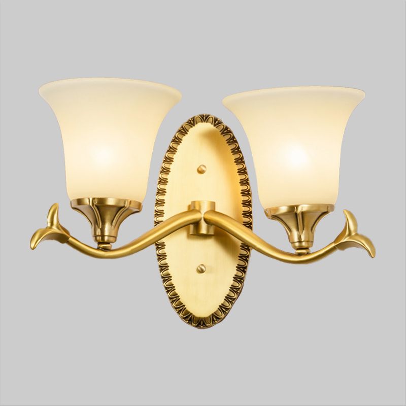 Countryside Bell Wall Lighting 1/2-Light Cream Glass Wall Mounted Lamp with Oval Backplate in Brass