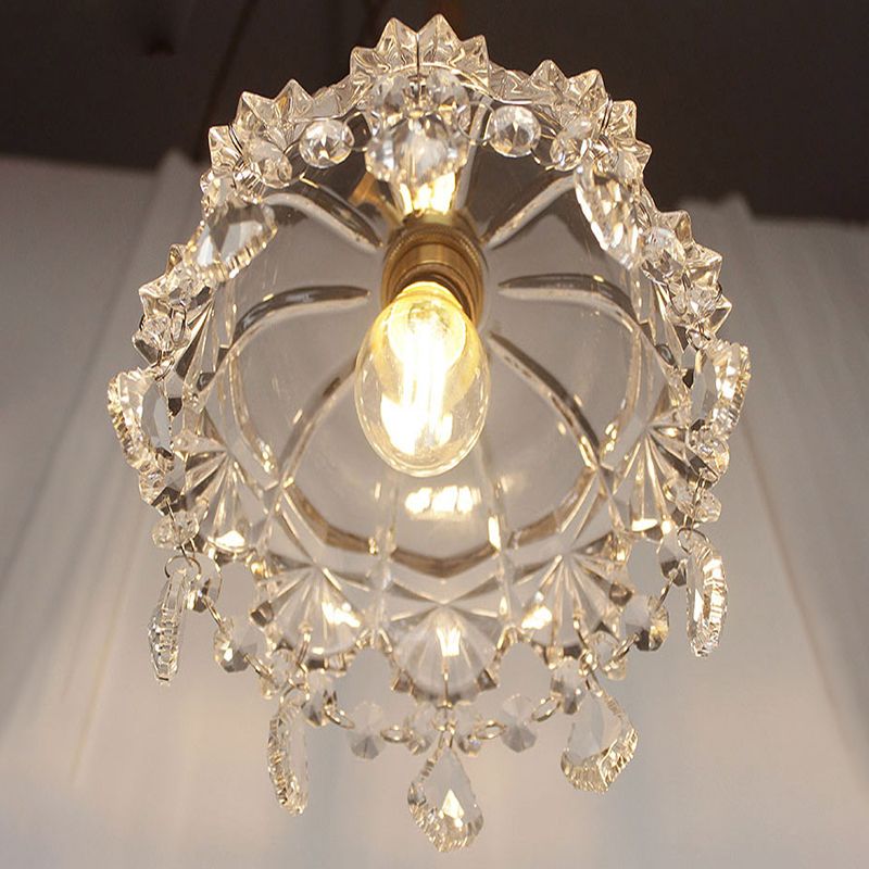 Flower Shape Shade Ceiling Pendant Lamp Vintage 1 Light Clear Glass Hanging Light with Crystal Pendant