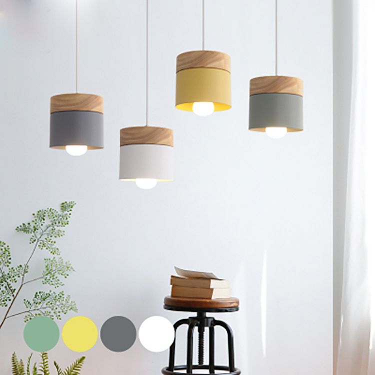 Wooden Cylindrical Hanging Lamp in Modern Creative Style Lacquered Iron Macaron Pendant Light