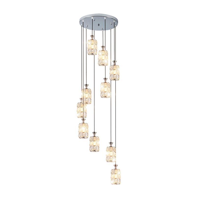 Crystal-Encrusted Cylindrical Multi Ceiling Lamp Modern 10 Bulbs Suspension Light Fixture for Staircase