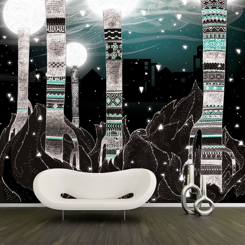 Whole Childrens Art Mural Wallpaper Black-Green City Light Tower Wall Covering, Custom Print