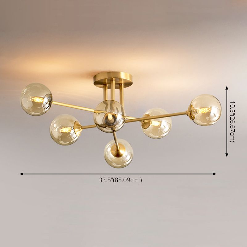 Post-Modern Metal Semi Flush Mount Globe Glass Shade Ceiling Flush Mount in Gold for Bedroom