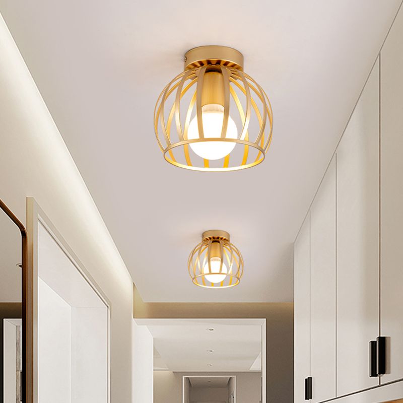 1 Light Corridor Flush Light Fixture Simple Black/Gold Finish Flush Mounted Lamp with Globe Cage Iron Shade