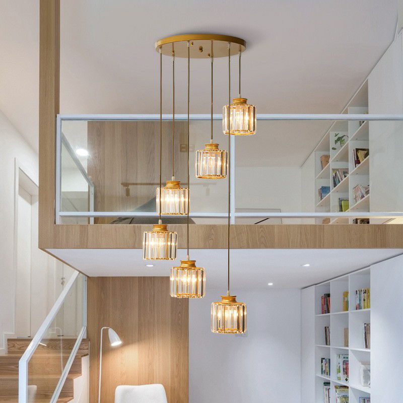 Postmoderne zylindrische Anhängerlampe Prismatische Kristalltreppe Multi -Licht -Kronleuchter
