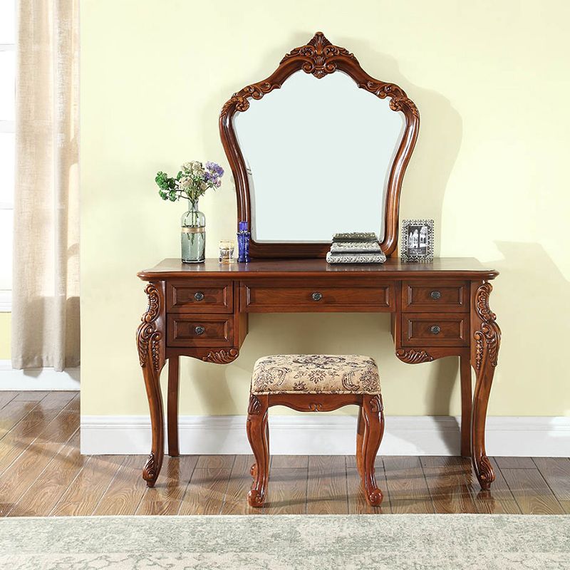 Solid Wood Brown Makeup Table Vanity with Drawers and Mirror