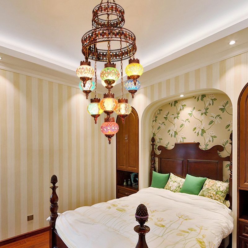 Lantern Bedroom Pendant Lighting Bohemia Stained Glass 10 Lights Purple Chandelier Light