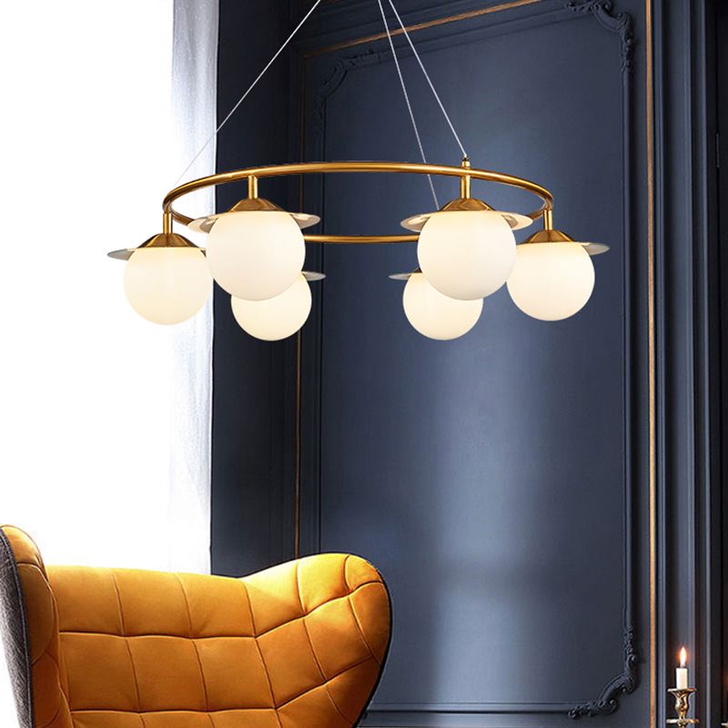 Gold Sphere Chandelier Lighting Modernist 6 Bulbs White Glass Ceiling Suspension Lamp
