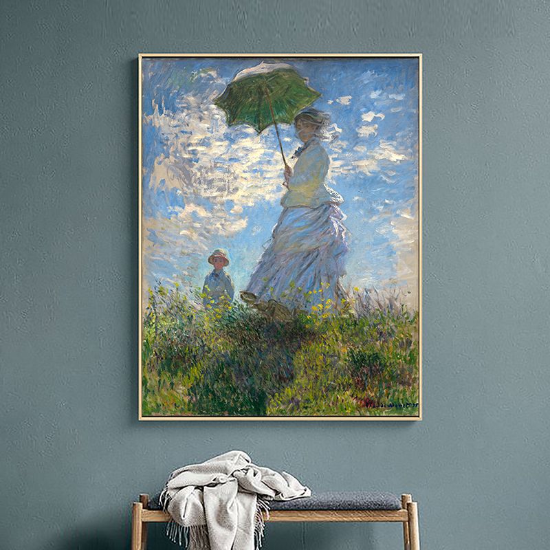 Monet Painting Canvas Print for Home Woman with A Parasol Wall Art in Blue, Texture