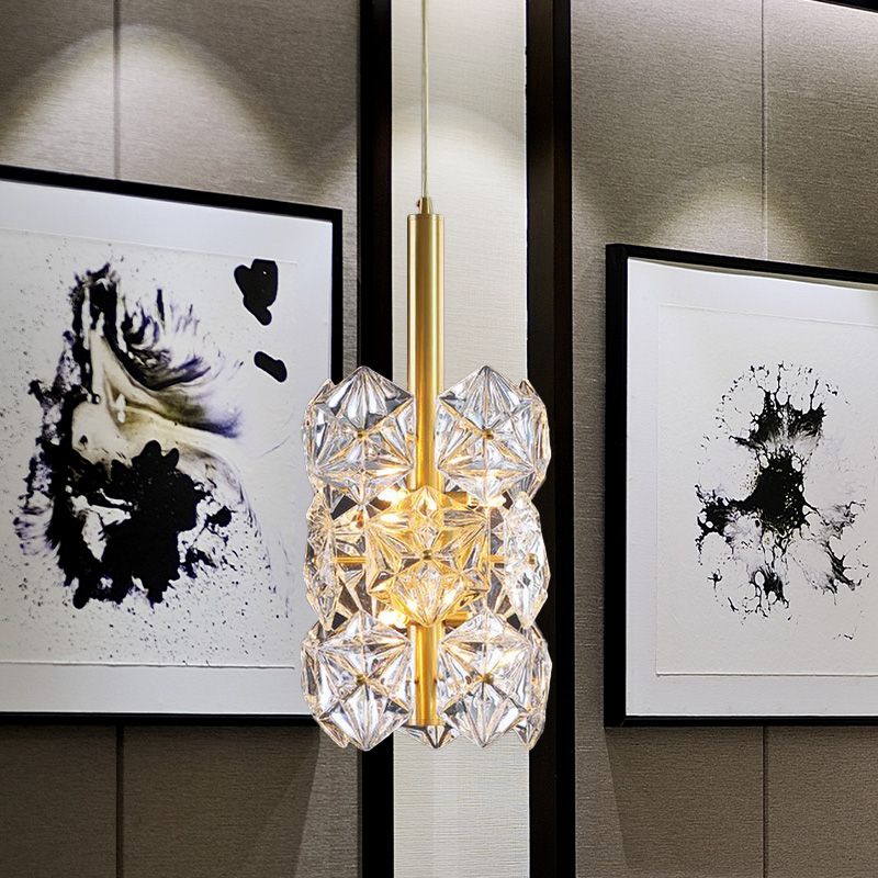 Hexagonal K9 Crystal Cylinder Drop Lamp Simplicity 6-Bulb Bedroom Hanging Pendant Light in Gold