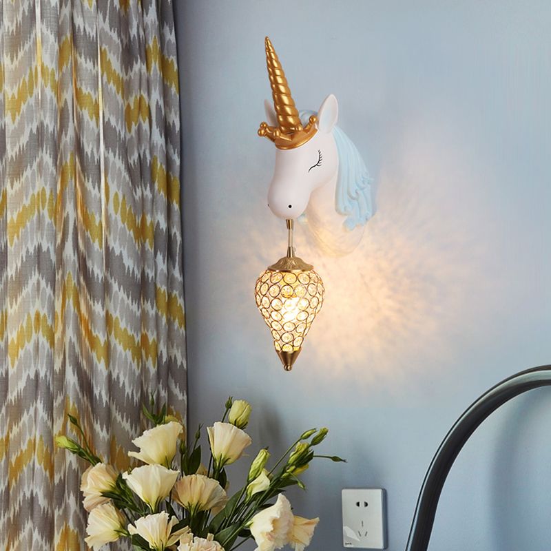 Resin Unicorn Wall Light Cartoon Single-Bulb Wall Lighting Fixture with Crystal Shade