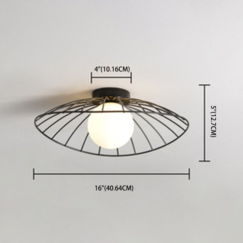 Iron Wire Saucer Shaped Flush Light Modern 1-Light Small Ceiling Mount Light with Ball White Glass Shade