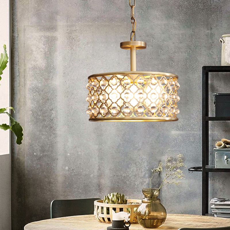 5 ampoules lustre à tambour Light Traditional Éclairage de pendentif en laiton en laiton avec accent à cristal clair