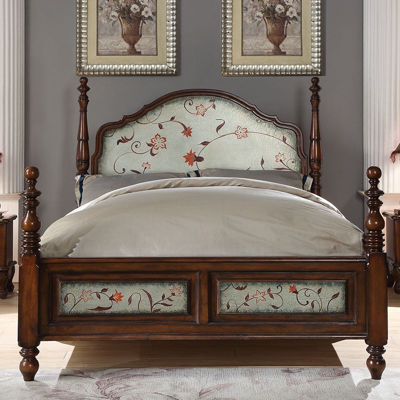 Traditional Wooden Panel Standard Bed, Arched Headboard Bed with Distressed Wood