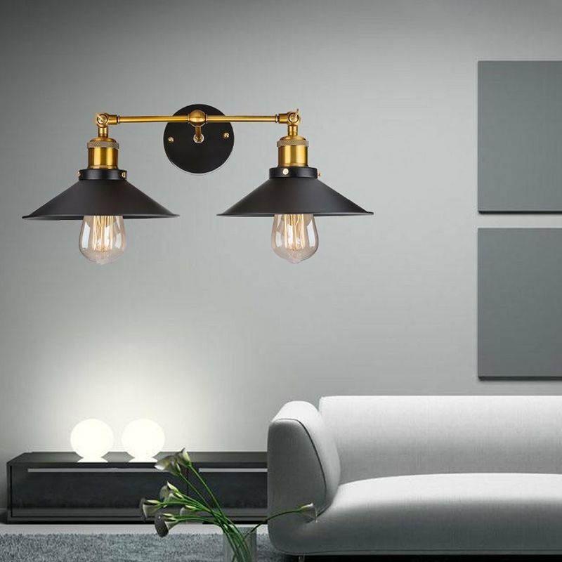Cone Workshop Wall Light Kit Rustic Metal 1/2-Light Black Wall Mount Lamp with Rotating Brass Linear Arm
