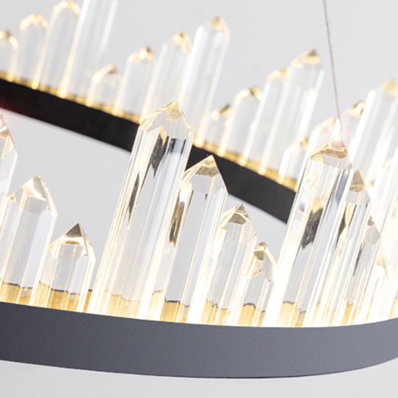 Black Circular LED Pendant Light in Modern Luxury Style Wrought Iron Hanging Lamp with Crystal Shade