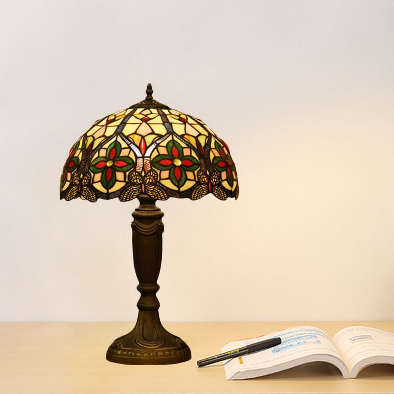 Domed Cut Glass Night Table Light Victorian 1 Light Beige/Orange Floral Patterned Desk Lighting with Blaster