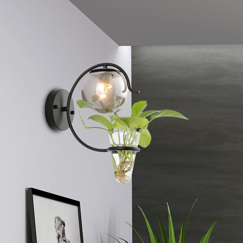 Cream/Smoke Gray Glass Orb Sconce Vintage 1-Bulb Bedroom Wall Lamp in Black/Gold with C-Shaped Arm and Plant Cup