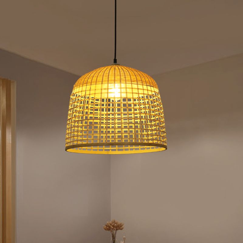 16 "/19.5" de ancho en forma de beige con forma de cúpula de techo de techo de asia 1 lámpara de colgante de bambú de luz