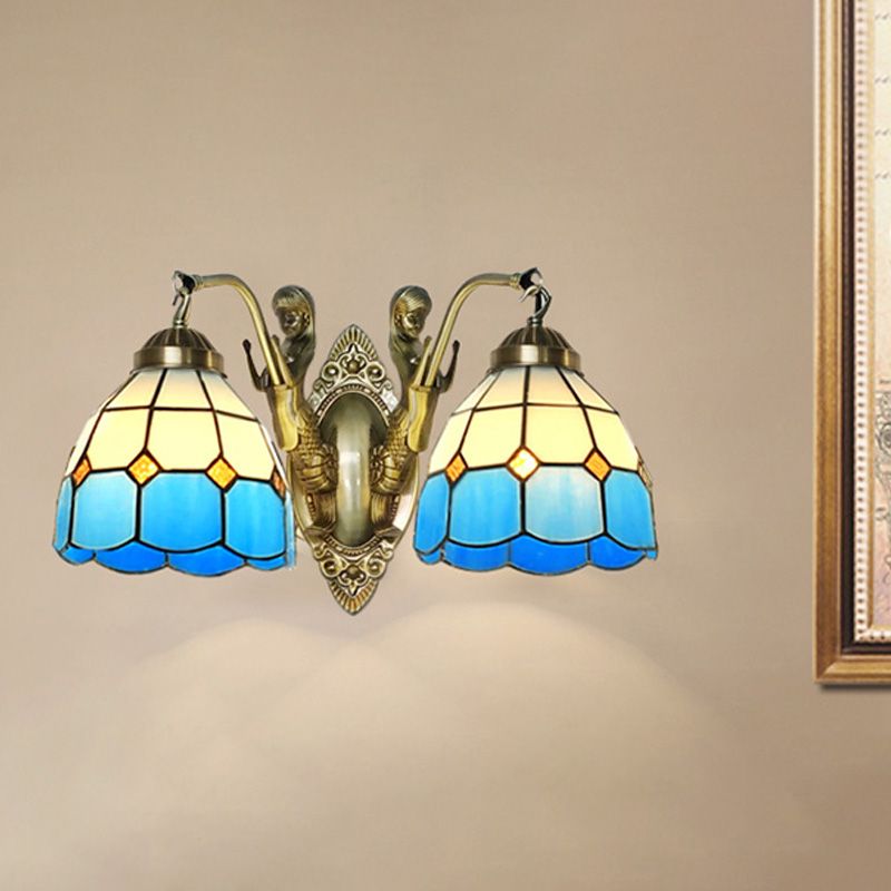 2-Head Domed Wall Mount Lighting Tiffany Dark Blue and White/Orange and White Stained Glass Mermaid Wall Sconce with Grid Pattern