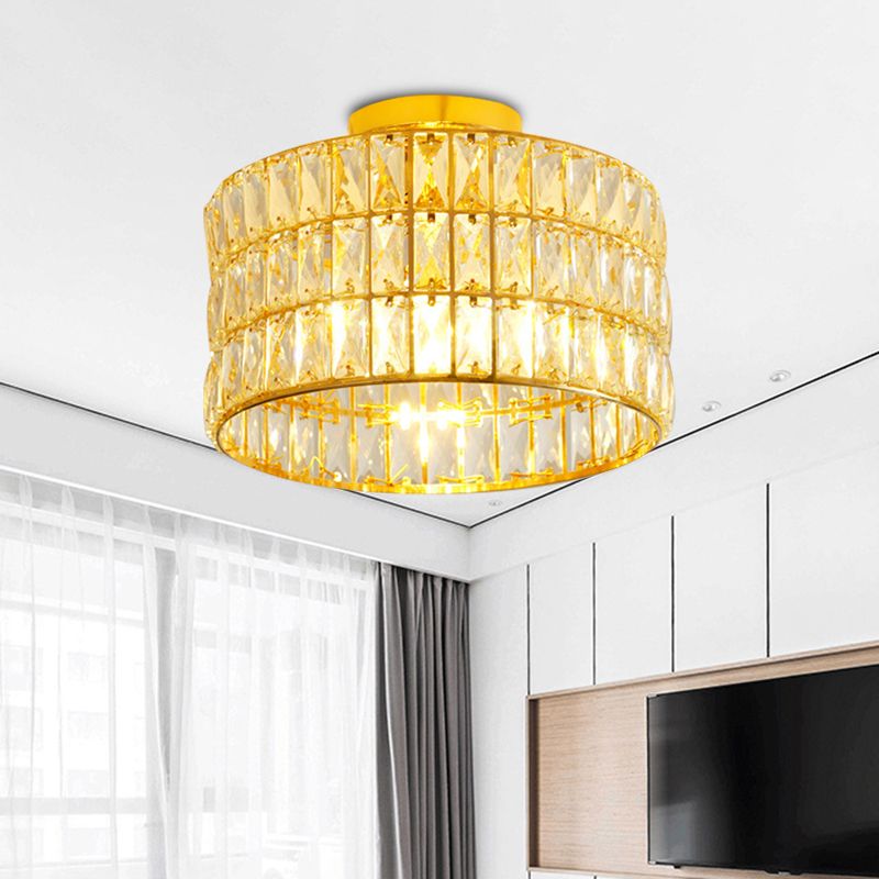 Luce del soffitto semifulgo semplice a tamburo 3 lampadine cristalli smussati inseriti dispositivo montato a filo in oro
