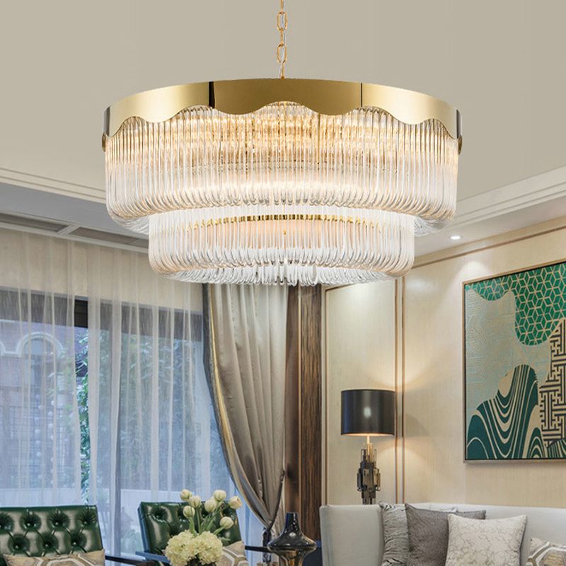 Crystal canneté 2 couches suspension suspendue postmoderne 8 têtes salon éclairage de lustre en or