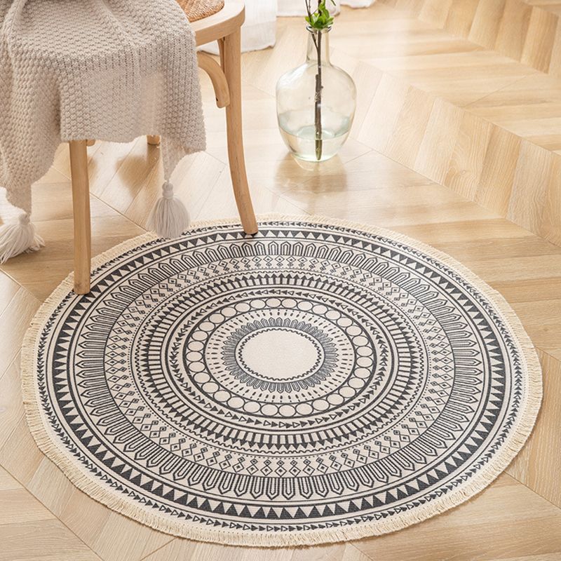 Round Floral Print Carpet Moroccan Cotton Blend Rug Fringe Indoor Carpet for Living Room