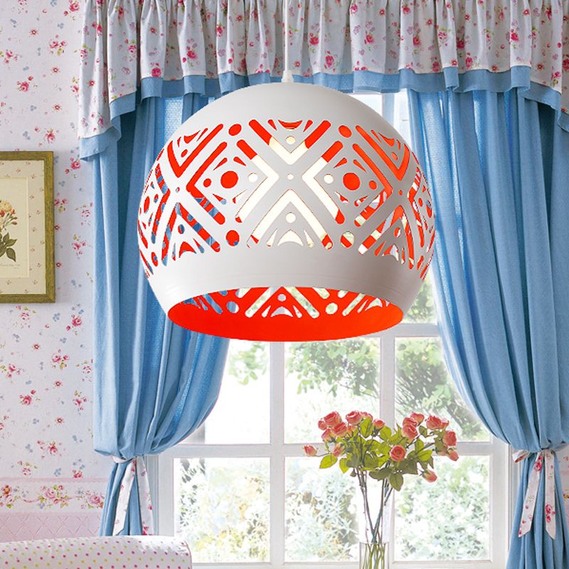 Hollowed Out Dome Iron Pendulum Light Modernist 1 Light White and Red Inner Pendant Lighting Fixture