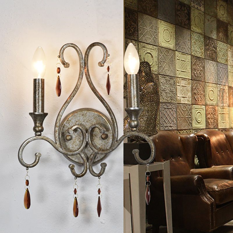 Candle Wall Sconce French Country Iron 2 Lights Aged Silver Sconce Light Fixture with K9 Crystal Deco