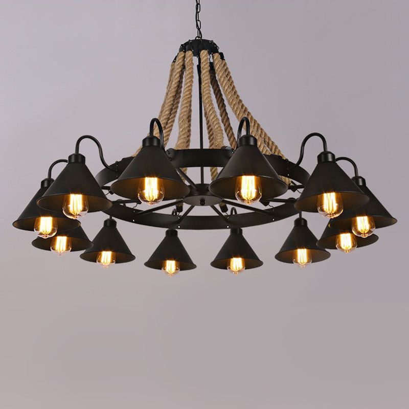 Multi Lights Black Hanging Chandelier Light Industrial Rope Cone Pendant Lamp