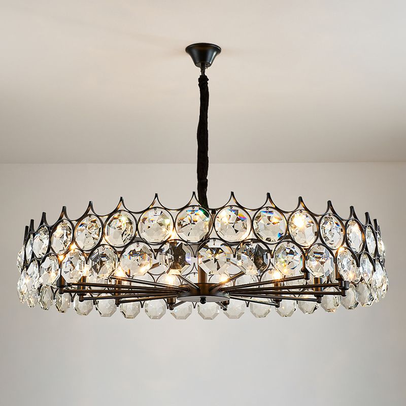 Black Circle Pendant Chandelier Country Clear Crystal Living Room Suspension Light with Sputnik Design