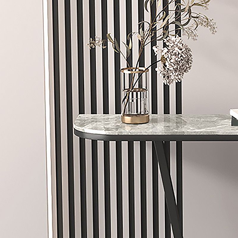 Iron Pedestal Base Accent Table with Half Moon Stone Top for Hall