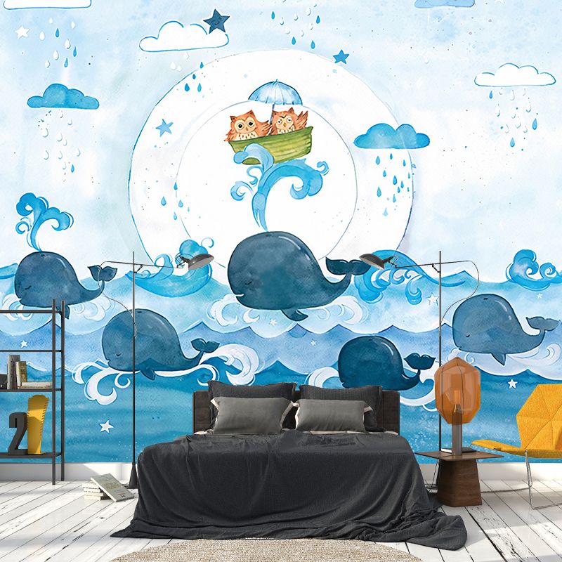 Cartoon Owl and Whales Murals Blue Sea Wall Decor for Childrens Bedroom, Optional Size